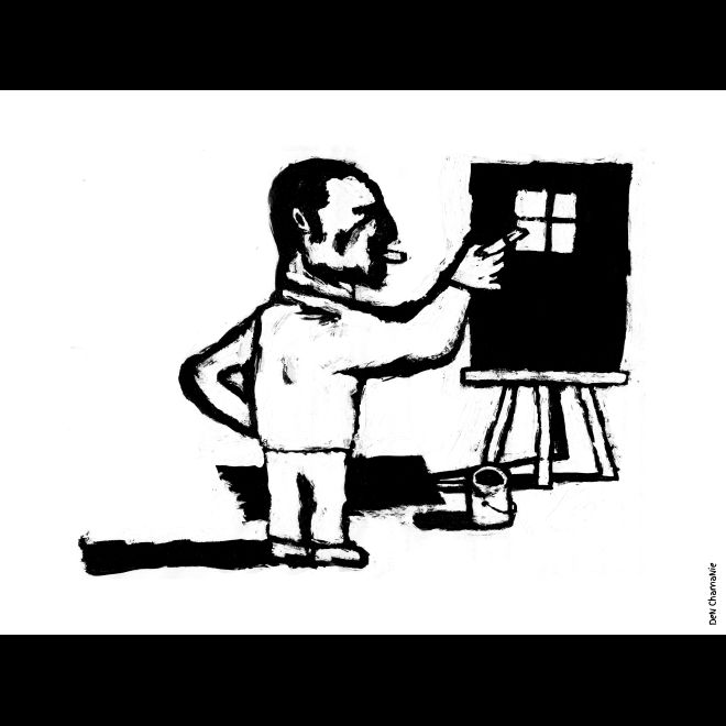 Peintre, toile et fenêtre