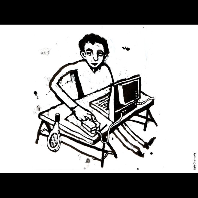 Élève, raquette et bureau